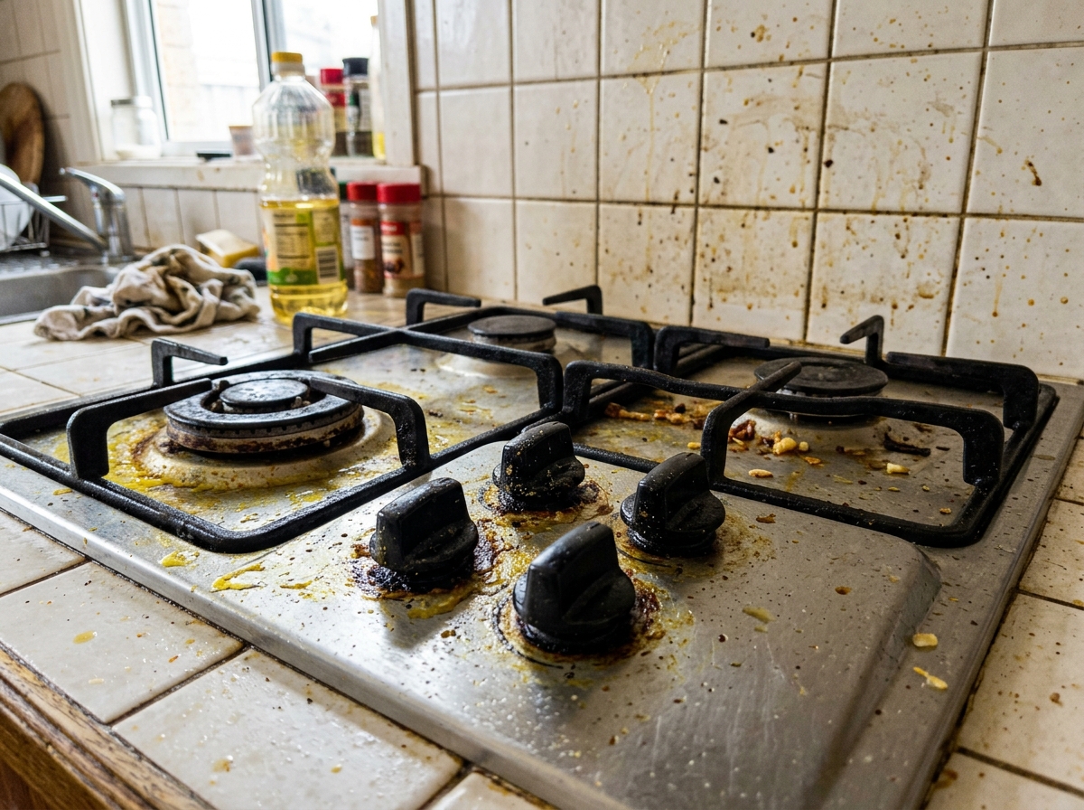 Greasy kitchen stove and wall tiles in Delhi flat