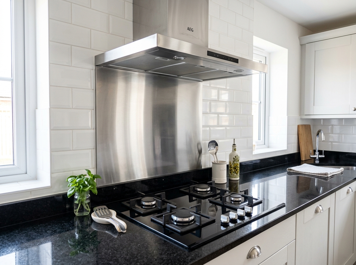 Spotless stainless steel chimney and countertop after degreasing